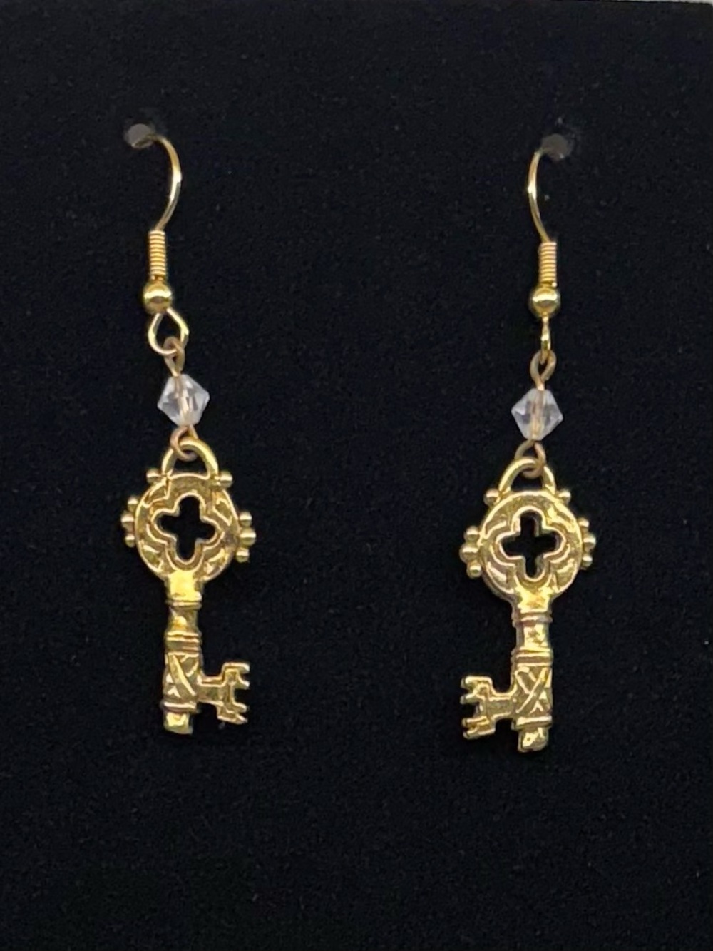 Skeleton Key charm Dangle Gold Toned Earrings w/clear Faceted Bead French hook